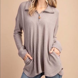 Quarter zip waffle knit tunic with pockets